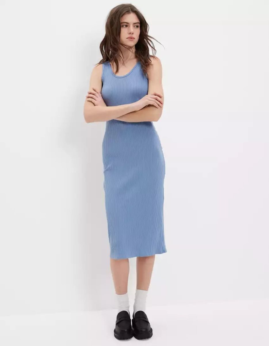 Robe Mi-longue American Eagle AE Nervuré Knit Bleu Femme | TLK-98608480